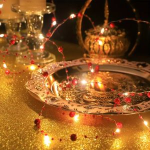 1pc 20/50 LED Red White Pearl Copper Wire String Lights Battery Operated Pearlized Fairy Lamp For Wedding Home Festival Decor