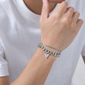 Kemstone โซ่เคลือบชั้นโลหะสแตนเลสสองชั้นสามเหลี่ยมกำไลข้อมือสำหรับผู้ชายฮิปฮอปเครื่องประดับทันสมัยเครื่องประดับ