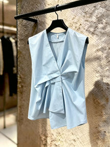 SHUAIYUE | Áo Thun Thời Trang Màu Xanh Asymmetrical Vòng Cổ V Không Tay