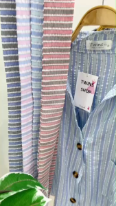 TW22626 Set ลายริ้ว 3 ชิ้น เสื้อทรงโอเวอร์ไซส์ + กางเกงขายาวกีบสายผูก