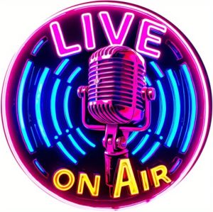 CIFbuy | Retro Live Stream Neon Mic Metal Sign 8x8 inch – 2D Printed Circular Wall Art for Home Bar Garage Man Cave Decor