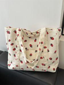 Versatile Corduroy Printed Tote Bag Large Capacity Single Shoulder Moving Canvas Bag Casual Fruit Pattern Korean Style Bag