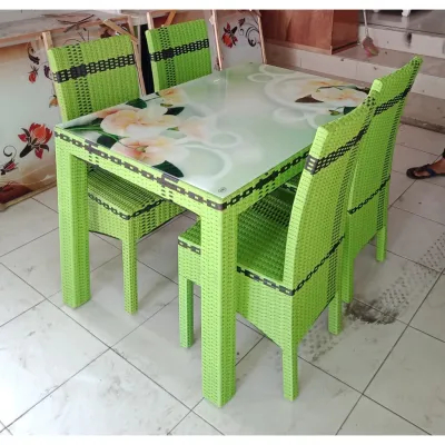 MEJA MAKAN ROTAN + KACA PRINTING