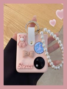 Cute Bear Cartoon Huawei Pocket 2 Phone Case Foldable Screen Skin-like Frosted Pearl Hanging Chain Handheld Protection Cover