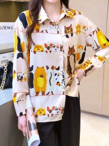 Tianshun New Chiffon Top Korean Fashion Cat Dog Print Long Sleeve Shirt Womens Summer OL Work Casual Shirt