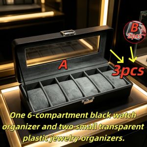 6 Slot Watch Display Box with Clear Window Lockable Leather Watch Organizer + Bracelet Box 3Pcs Set for Watch Collectors