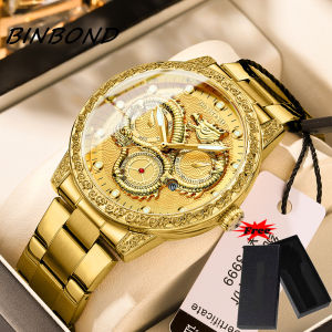 [With Free Box] Ykai Fashion Mens Watches Luxury Brand Dual Calendar Luminous Prismatic Diamond Dial Stainless Steel Strap Waterproof Quartz Wristwatch Fashion Casual Golden Watch B3030