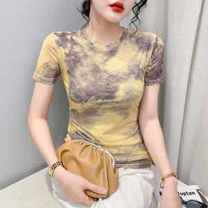 YIMEI Áo Thun Lưới Nhuộm Quầng Phong Cách Phương Tây Cho Nữ Mùa Hè 2022 Thiết Kế Cho Bé Gái Áo Phông In Hình Với Áo Vừa Vặn Cổ Tròn Và Tay Ngắn