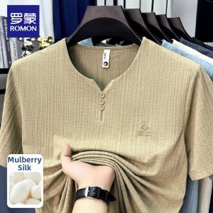 ROMON | Summer Lightweight Silky Mens T-Shirt Short Sleeve Wide Neck