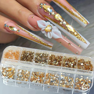12Grids 3D Champagne Gold Diamond Nail Charms Mixed-Shapes Glass Gemstones Nails Art Decorations DIY Luxury Manicure Accessories