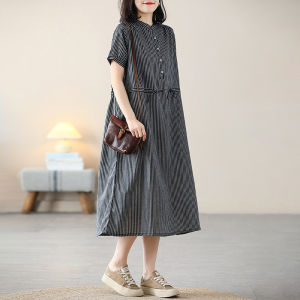 ชุดเดรสคอตตอนลินินแขนสั้นทรงหลวมสำหรับผู้หญิงในฤดูร้อนปี 2024 ชุดเดรสคอตตอนลินินทรงหลวมสบาย ๆ ทรงสลิมฟิต