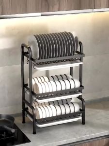 MIKI Kệ Để Chén Bát Đĩa Đa Năng Thép carbon Cao Cấp Màu Đen Dung lượng lớn Chịu tải và Ổn định mạnh Có Khay Hứng Nước