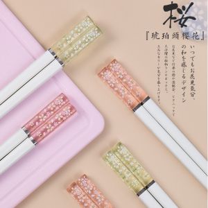 5 Pairs Reusable Fiberglass Chopsticks Dishwasher Safe Japanese Style Amber Cherry Blossoms Chopstick