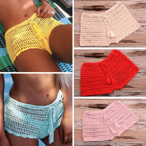 Handmade Hollow out Bikini Top with Tie Side Bottoms for Women Beach Vacation Beachside Hot Pants Short Shorts