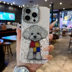 Fashionable Bichon Bear  16 Series Phone Case Full Edge Diamond Frame Flash Diamond Lens Film Protective Cover Cat Ear Style