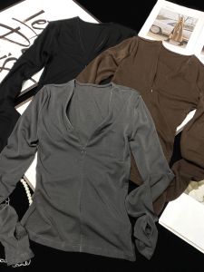 Adjustable Zipper V-Neck Long Sleeve T-Shirt CCA Silk Wool Slim Fit Half Open Knitted Base Shirt Casual Style Spring Season