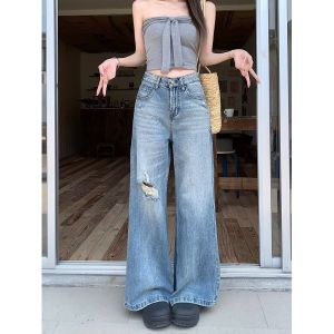 plus Size Womens Vintage Blue Ripped Wide Leg Jeans High Waist Straight Cut Floor Length Casual Trousers for Summer 2025