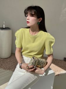 Stylish Three-Dimensional Puff Sleeves Short Sleeve T-Shirt Summer New Arrival Pure Color round Neck Tops Loose Slim Looking White T-Shirt Women