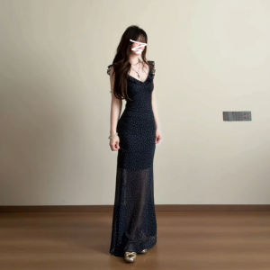 Karrar betsey | New Summer Fitting Tea Break French Ruffles V-Neck Polka Dots Long Dress