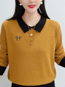 บล็อกสีปก เสื้อสเวตเตอร์ถัก ลำลอง หลวม เสื้อผ้าคุณแม่ ฤดูใบไม้ร่วง แฟชั่นปักแขนยาว คอกลม เสื้อท่อนบน สําหรับอายุ 40-49 ปี