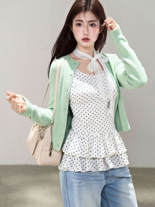 Áo Len Cardigan Dệt Kim Màu Xanh Menthol Phong Cách Hàn Quốc Cho Nữ Áo Len Cardigan Kẻ Caro Hai Mảnh Thường Ngày Mùa Thu