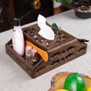 กล่องทิชชู่มัลติฟังก์ชั่น กล่องเก็บของเบ็ดเตล็ดพร้อมรีโมทคอนโทรลสำหรับห้องนั่งเล่น กล่องทิชชู่ห้องน้ำ กล่องไม้สัก