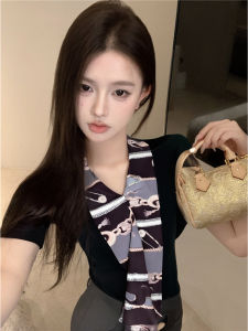 Black V-Neck Scarf Spliced Shoulder High Waist Midi Dress Womens Spring Fashion Retro Korean Style Unique Slim Fit Top