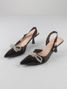 รองเท้าแตะส้นสูงผูกโบว์ผีเสื้อแบบโปร่งใส ด้านข้างเปิด ด้านหลังมีสายรัด ปลายแหลม ประดับคริสตัล รองเท้าแตะผู้หญิง แฟชั่นฤดูร้อน