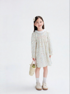 Purcotton | Cotton Gauze Long Sleeve Floral Forest-Style Childrens Dress
