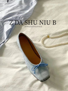 ใหม่สีฟ้าretroแบนknotรองเท้าเดียวผู้หญิง 2024 ใหม่low Cut Square Headบัลเล่ต์รองเท้าของแท้ หนัง ยายรองเท้า