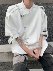 Niche Style Deconstruct New Chinese Style Stylish Aircraft Button Stand Collar Shirt Men and Women Casual Short Sleeve Fancy Shirt Coat