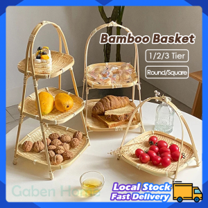 1/2/3 Layer Bamboo Woven Basket Fruit Food Storage Round Square Handmade Basket Standing Tray Home Kitchen Decor