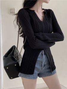 เสื้อชั้นในถักทรงเข้ารูปคอวี สำหรับผู้หญิง ฤดูใบไม้ร่วง 2024 เส้นใยขนสัตว์เนื้อนุ่ม สไตล์เกาหลี ปกติ แขนยาว เสื้อชั้นในถักเนื้อนุ่ม