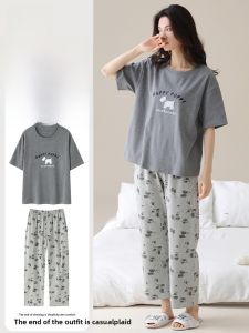 Miiow | Cat Person 2025 New Womens Summer Sleepwear Pure Cotton Short Sleeve Long Pants Cartoon Outdoor Wearable Home Clothes Set