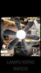 LAMPU KIPAS ANGIN GANTUNG 21 INCH 40 WATT BISA REMOTE FITTING E27 6 DAUN 3 WARNA CAHAYA & 3 SPEED+