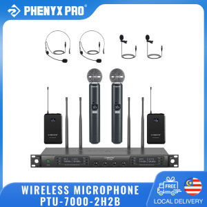Phenyx Pro PTU-7000-2H2B Wireless Microphone System 4 Channel Bodypack/Headset/Lapel Mics Auto Scan Long Distance 328ft Microphone for Singing Church Karaoke