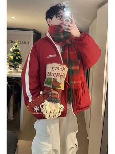 Red Double-Sided Cotton Jacket Mens Winter Christmas Festive Thickened Couples Cotton Coat Warm Loose Fit Polyester Filling