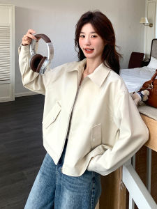 Slimming Short White Jacket Womens Fashion Spring Autumn Design Flip Collar Zipper Style Korean Version Casual Wear