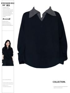 Autumn Loose Casual Knitted Polo Neck Sweater for plus Size Women Korean Style Lazy Color Collision Female Top