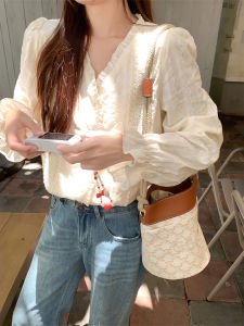 French Lace Trim V-neck Puff Sleeve Long Sleeve Blouse