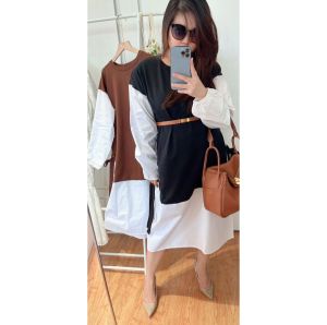 ECLAIRE 043 Dress Midi Oversized 2tone twotone two-tone Kasual Korea Basic Import xsszs (NO BELT)