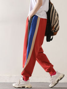 Harmonious Spring New Loose Elastic Waist Pure Cotton Color Block Casual Pants Women High Waist Long Trousers Korean Style