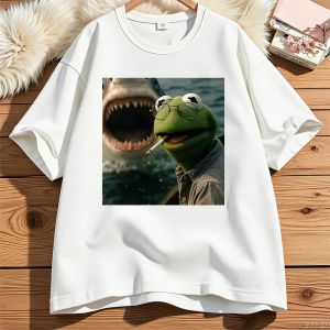 Sanrio | Dark Humor Frog Shark Graphic Funny Meme T-shirt Women Clothing Fashion T-shirts Cotton Casual Short Sleeve T Shirts Streetwear