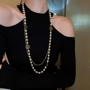 Korea Trendy Luxury Multi-Layered Pearl Rose Flower Temperament Sweater Gold Chain Long Necklace