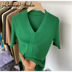 LAREINE Womens V-neck mid-sleeve top ice silk slim-fit short-sleeved bottom knit