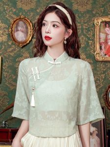 New Chinese Chiffon Shirt Summer 2024 New Arrival Womens Short-Sleeve Blouse National Style Retro Tops Slim Looking Buckle