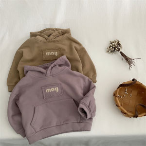 Korean Style Fleece Lined Hoodie Sweatshirt for Kids Autumn Winter Thickened Warmth Non Detachable Hat Cotton Blend Childrens Wear