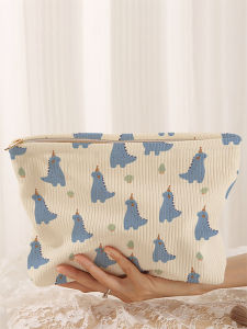 1 cartoon dinosaur patterned corduroy makeup bag lightweight zipper makeup storage box multifunctional bag with lining