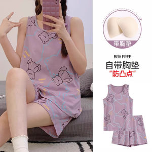 ชุดนอนผู้หญิง แขนกุด ทรงหลวม ผ้าฝ้ายแท้ ปิดด้วยซิป ระบายอากาศได้ดี ใส่สบาย ชุดนอนฤดูร้อน ชุดอยู่บ้าน