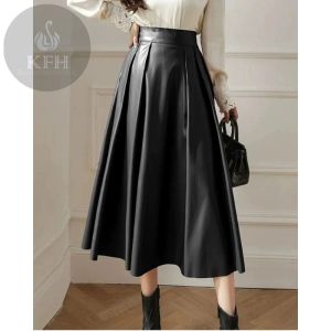 Rok Kulit PU Rok Lipit Rok Midi Pinggang Tinggi Highwaist Rok Kerut Setengah Panjang Kasual Elegan Mode Longgar Gaya Rok Korea Kekinian